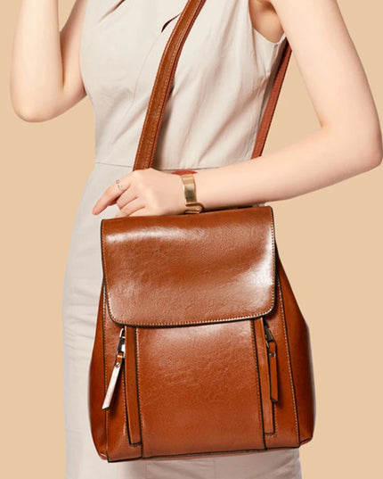 Echtleder Damen-Rucksack braun mit Klappe