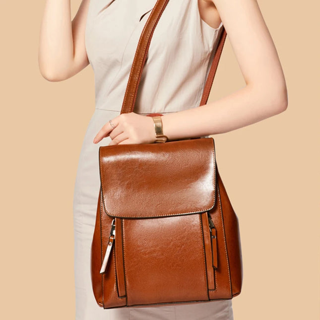 Echtleder Damen-Rucksack braun mit Klappe