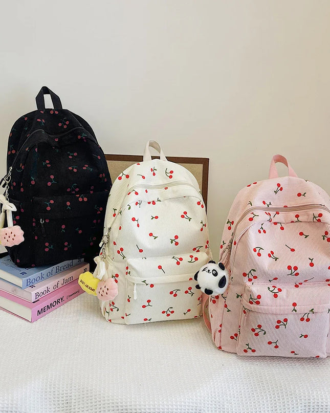 Cord-Rucksack Damen Kirschen-Muster rosa
