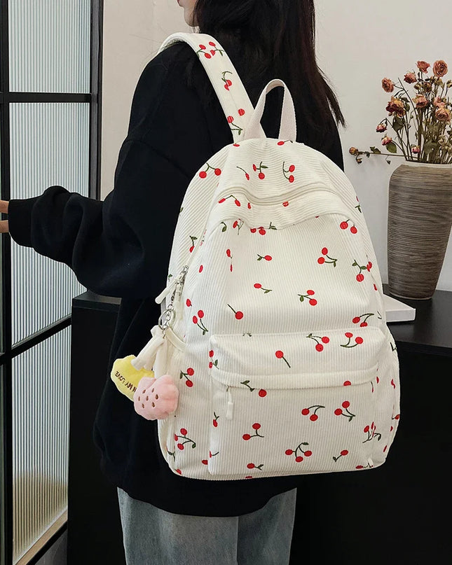 Cord-Rucksack Damen Kirschen-Muster rosa