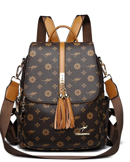 Damen PU-Leder-Rucksack braun gelb Kaenguru