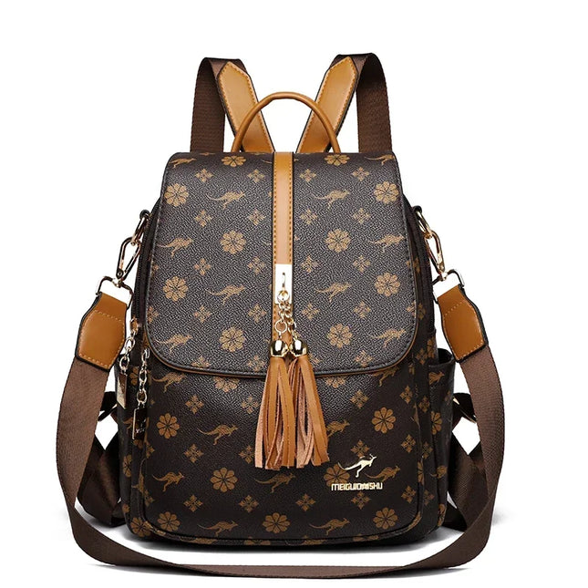 Damen PU-Leder-Rucksack braun gelb Kaenguru