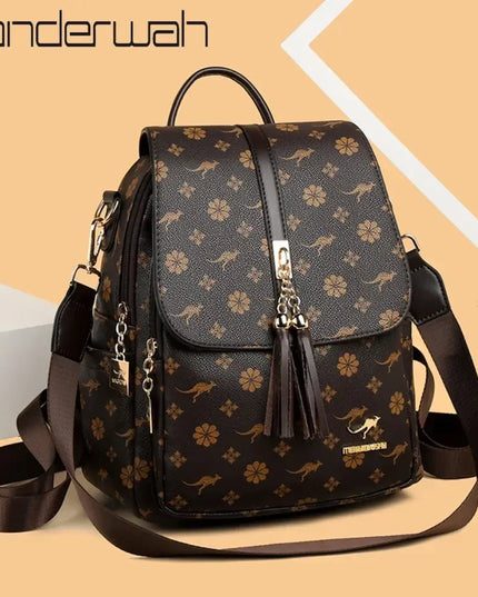 Damen PU-Leder-Rucksack braun gelb Kaenguru