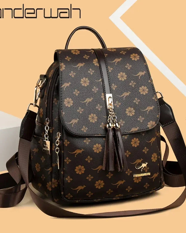Damen PU-Leder-Rucksack braun gelb Kaenguru