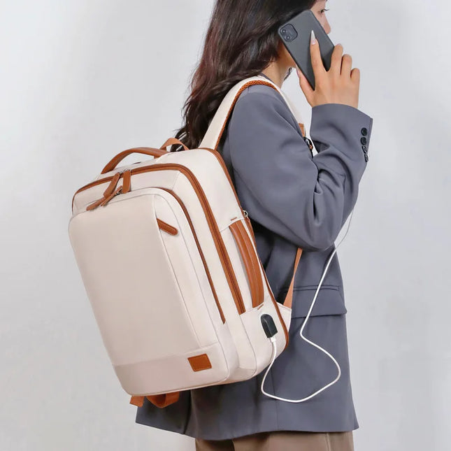 Weisser Business-Rucksack Cognac-Akzente USB
