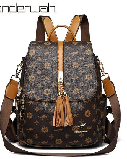 Damen PU-Leder-Rucksack braun gelb Kaenguru