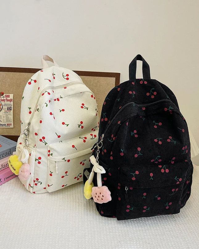 Cord-Rucksack Damen Kirschen-Muster rosa