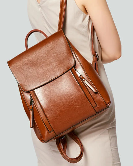 Echtleder Damen-Rucksack braun mit Klappe