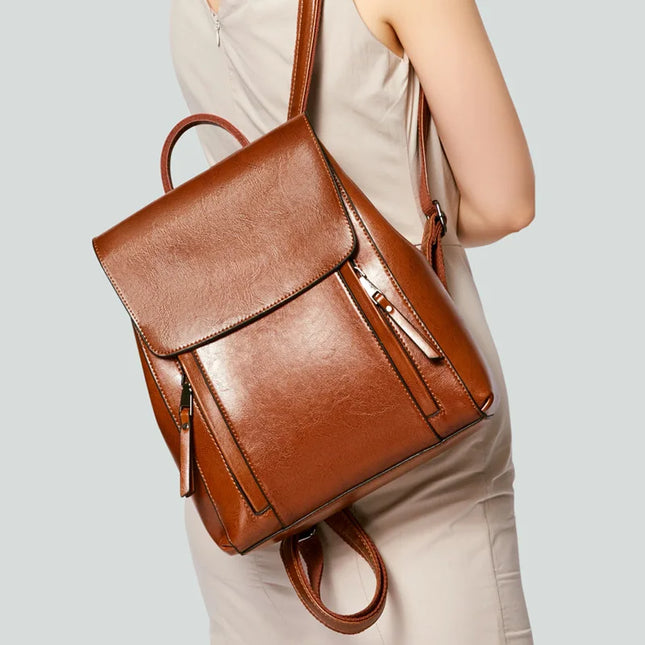 Echtleder Damen-Rucksack braun mit Klappe