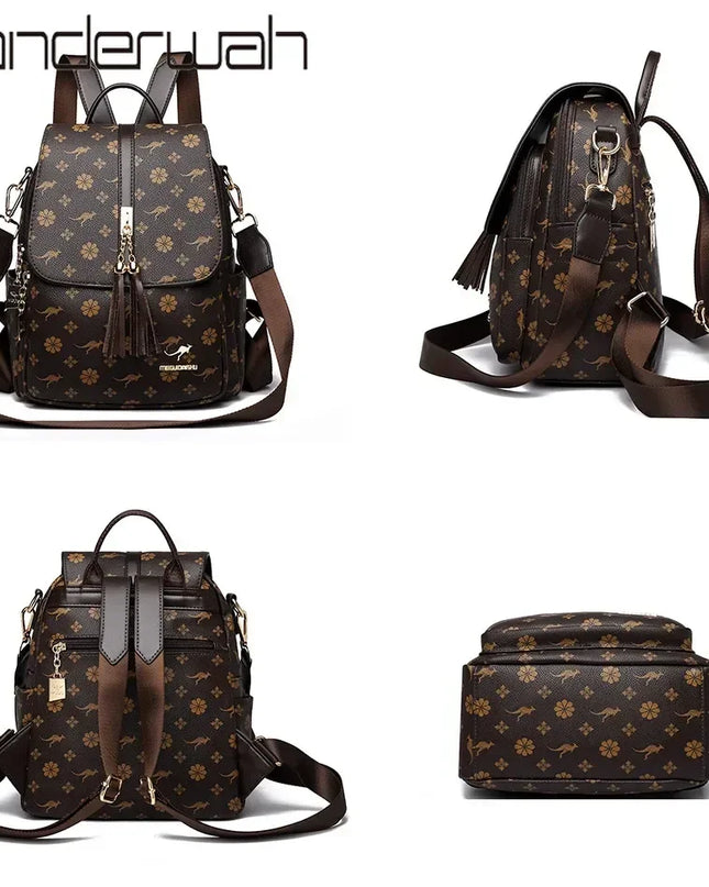 Damen PU-Leder-Rucksack braun gelb Kaenguru