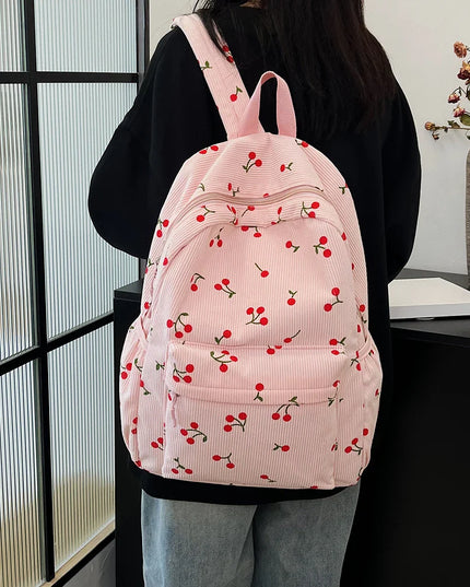 Cord-Rucksack Damen Kirschen-Muster rosa