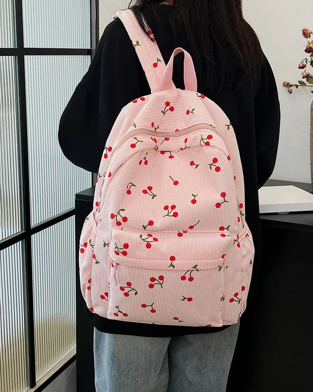 Cord-Rucksack Damen Kirschen-Muster rosa