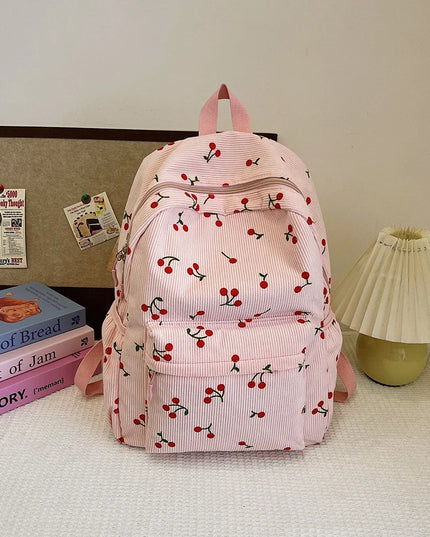 Cord-Rucksack Damen Kirschen-Muster rosa