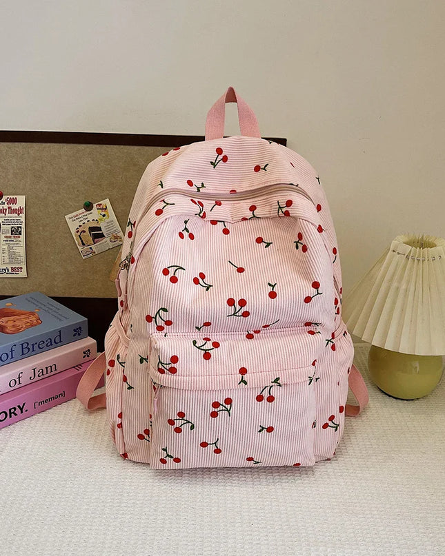 Cord-Rucksack Damen Kirschen-Muster rosa