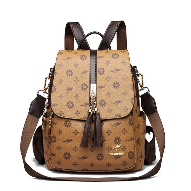 Damen PU-Leder-Rucksack braun gelb Kaenguru