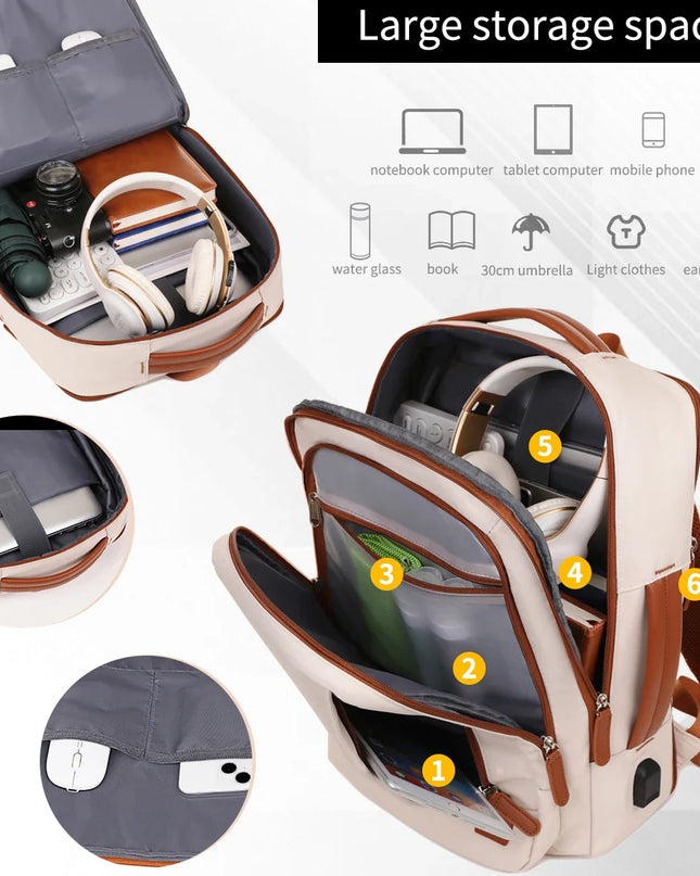 Weisser Business-Rucksack Cognac-Akzente USB