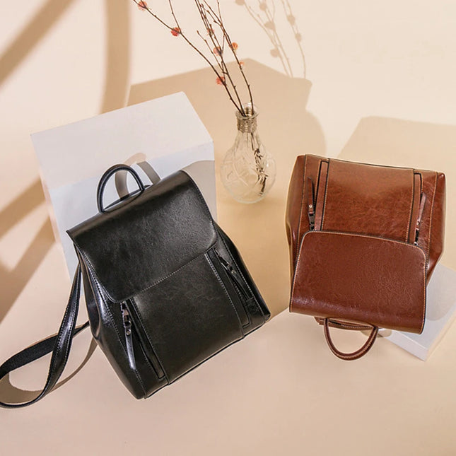 Echtleder Damen-Rucksack braun mit Klappe