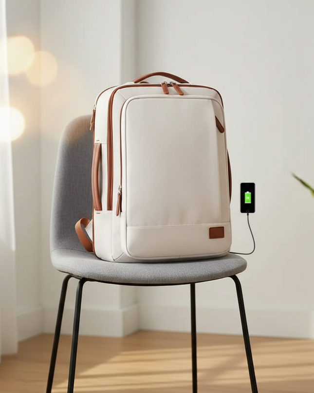 laptop rucksack weiss cognac business usb leder elegant - lifestyle