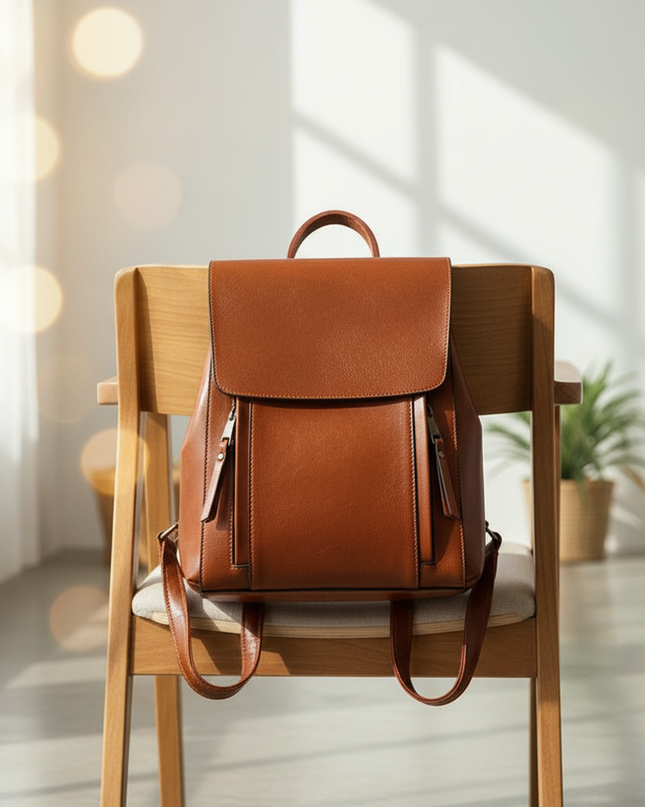 laptop rucksack damen echtleder braun klappe elegant - lifestyle