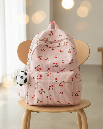 laptop rucksack damen cord kirschen muster rosa weiss - lifestyle
