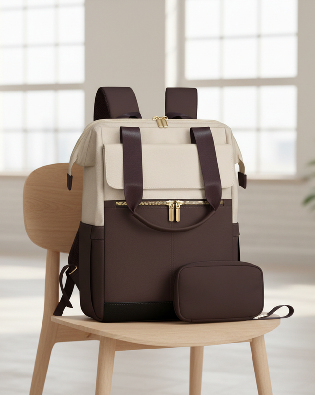 laptop rucksack damen creme elegant leder organizer - lifestyle