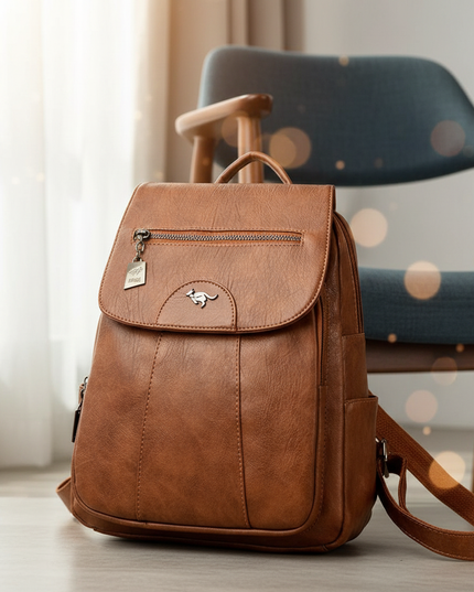 laptop rucksack damen vintage pu braun kaenguru badge - lifestyle