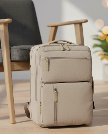 laptop rucksack erweiterbar reise beige koffer oeffnung - lifestyle