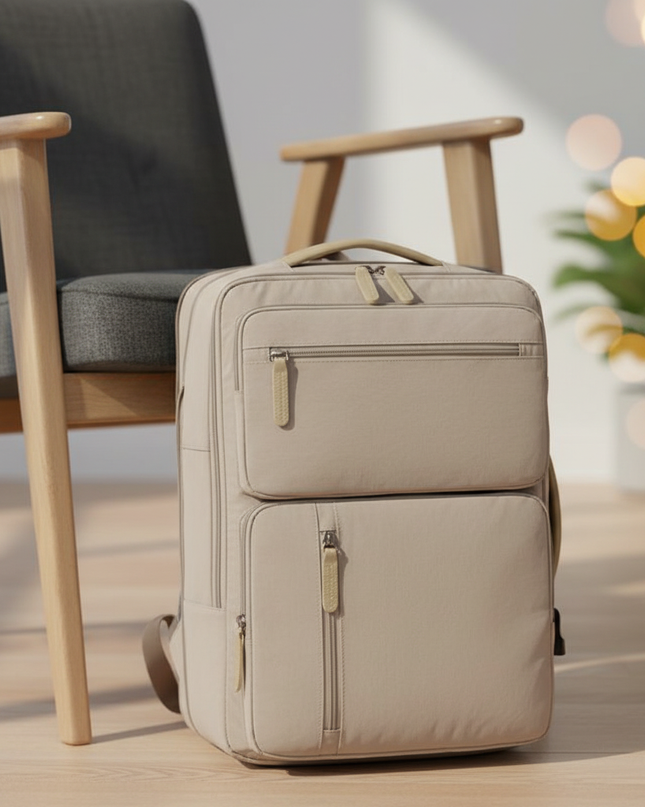 laptop rucksack erweiterbar reise beige koffer oeffnung - lifestyle
