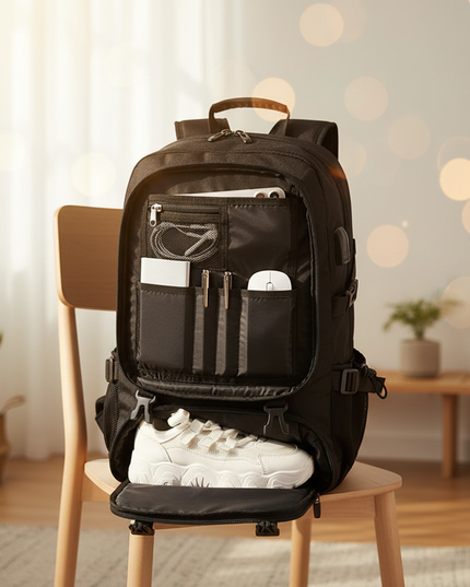 laptop rucksack gross schuhfach organizer offen schwarz - lifestyle