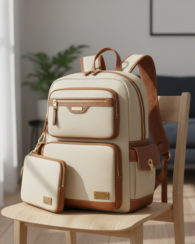 laptop rucksack damen zweiteilig creme braun gold - lifestyle