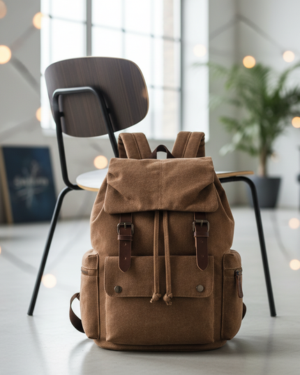 laptop rucksack canvas kordelzug braun leder unisex - lifestyle